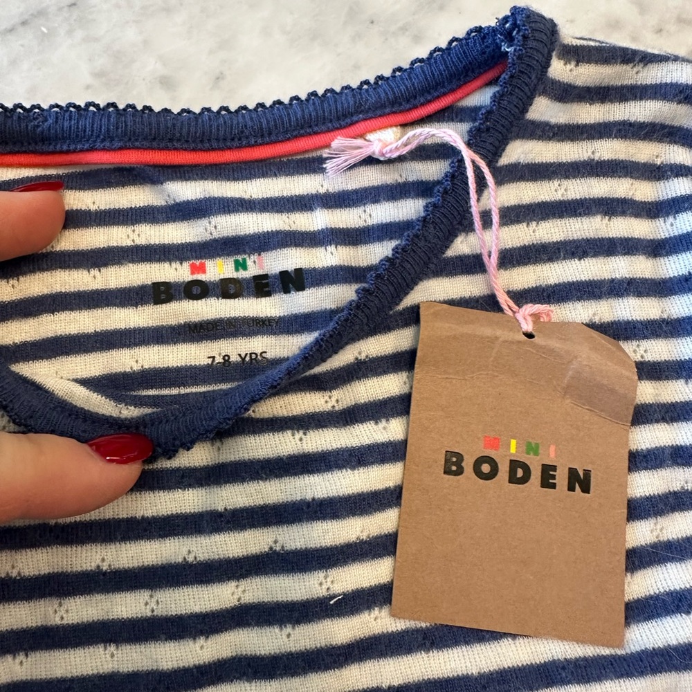 New Mini Boden Blue/White Striped Pointelle Long Sleeve Shirt, Size 7-8, Girls - Picture 2 of 2